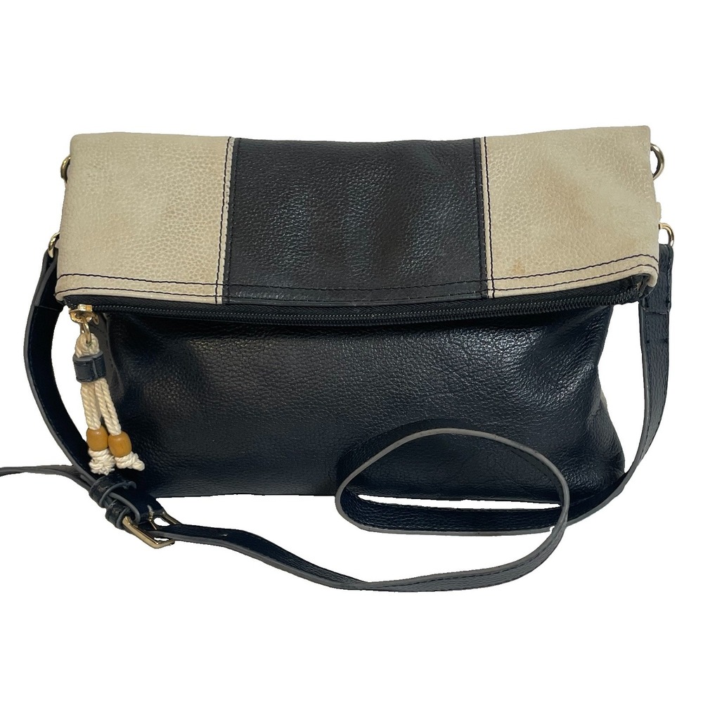 90s Clark Pebbled Leather Flap Shoulder Bag Purse Black Cream Small